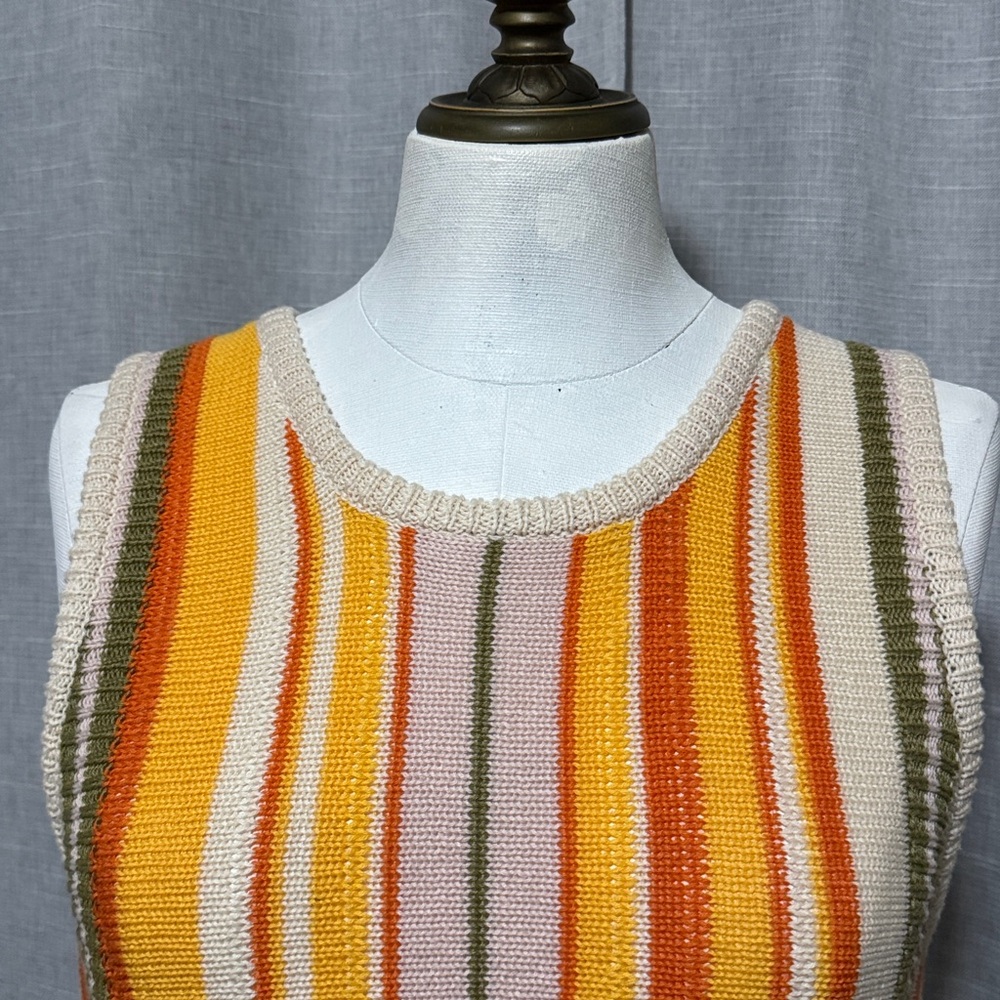 Cotton Blend Sleeveless Sweater-Multi Stripe/Scalloped Bottom Hem-Lightweight - Picture 2 of 12